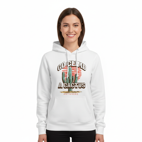 Produktbild av glad tjej i vit hoodie